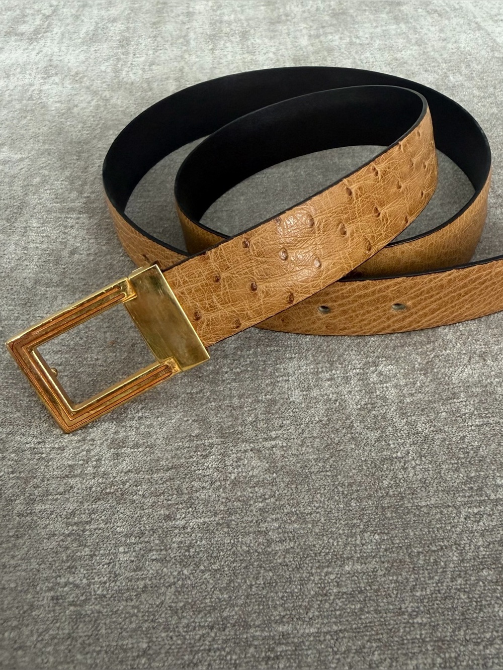 Vintage Tan Brown Ostrich Embossed Leather Belt Gold Frame Buckle 105-115